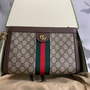 Gucci Beige Brown GG Canvas Clutch with Green & Red Web Stripe